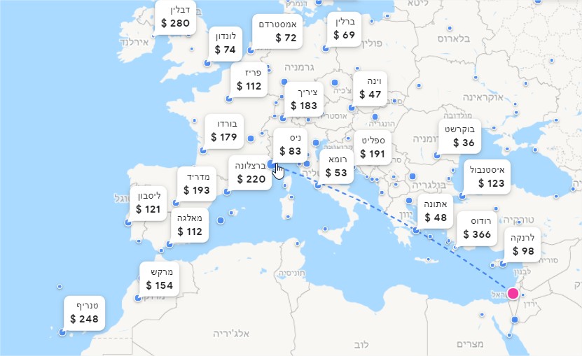 גוגל טיסות (Google flights) - מפת יעדים מישראל